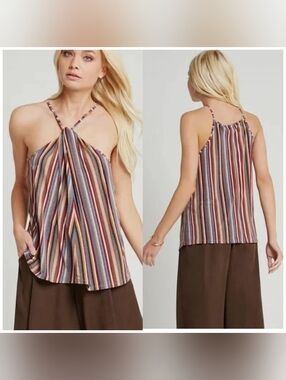 BCBGeneration Multicolor Striped Halter Cami in Blue, Red, Brown & Cream